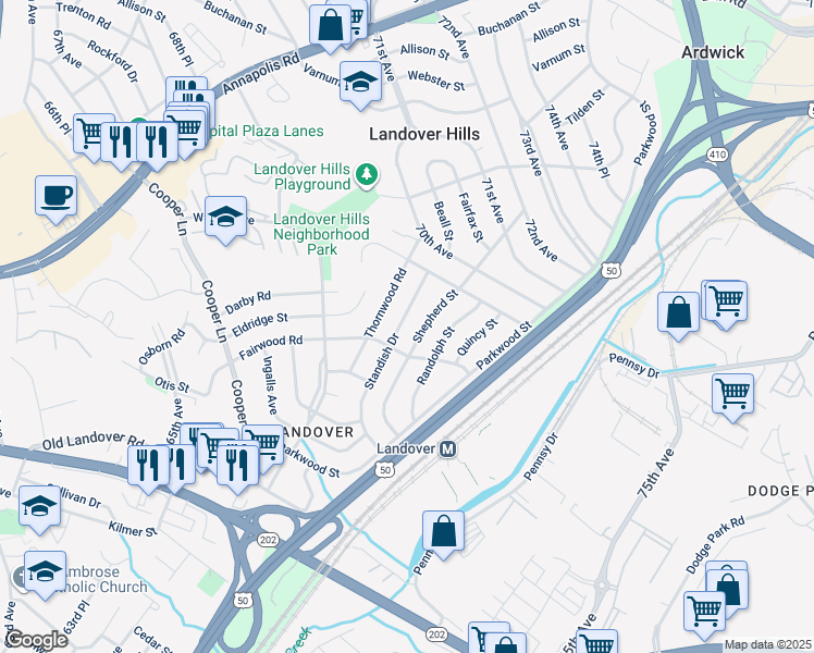 map of restaurants, bars, coffee shops, grocery stores, and more near 6909 Standish Drive in Hyattsville