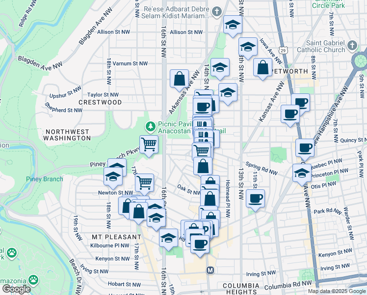map of restaurants, bars, coffee shops, grocery stores, and more near 1436 Spring Road Northwest in Washington