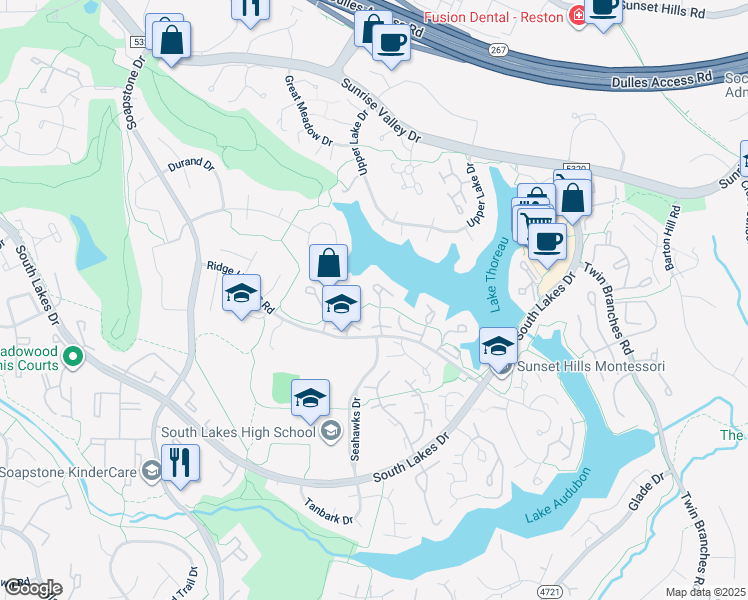 map of restaurants, bars, coffee shops, grocery stores, and more near 2038 Chadds Ford Dr in Reston
