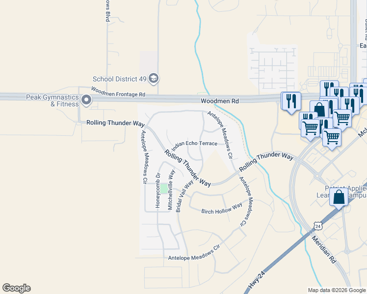 map of restaurants, bars, coffee shops, grocery stores, and more near 7288 Sylamore Way in Peyton