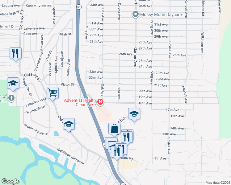 map of restaurants, bars, coffee shops, grocery stores, and more near 15759 20th Avenue in Clearlake