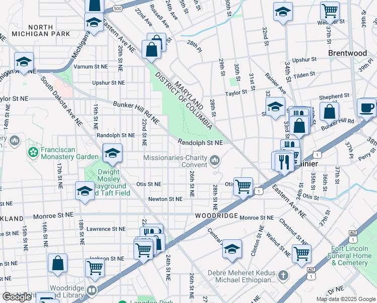 map of restaurants, bars, coffee shops, grocery stores, and more near 3828 26th Street Northeast in Washington