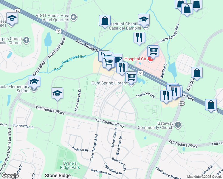map of restaurants, bars, coffee shops, grocery stores, and more near 24662 Cable Mill Terrace in Aldie