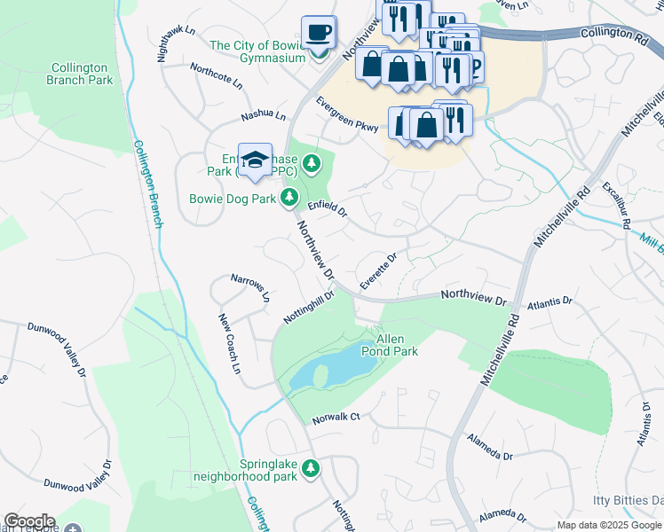 map of restaurants, bars, coffee shops, grocery stores, and more near 3503 Ellen Court in Bowie