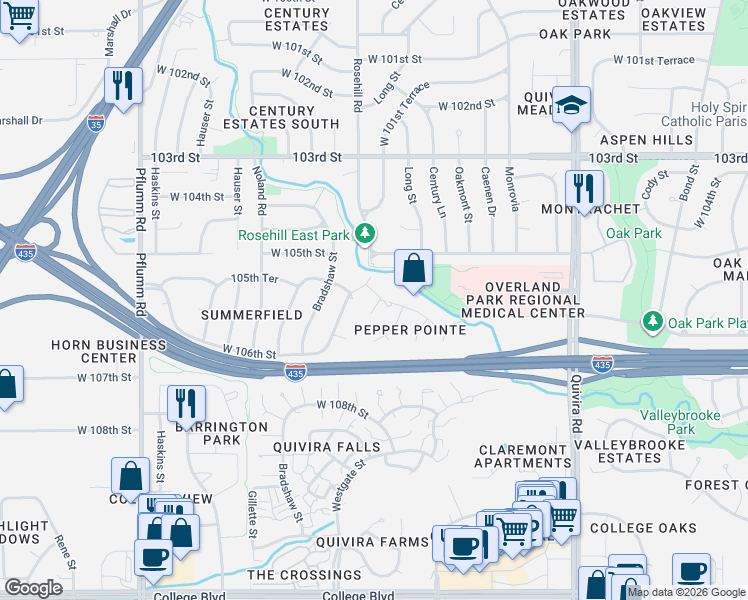 map of restaurants, bars, coffee shops, grocery stores, and more near 10554 Westgate Street in Lenexa