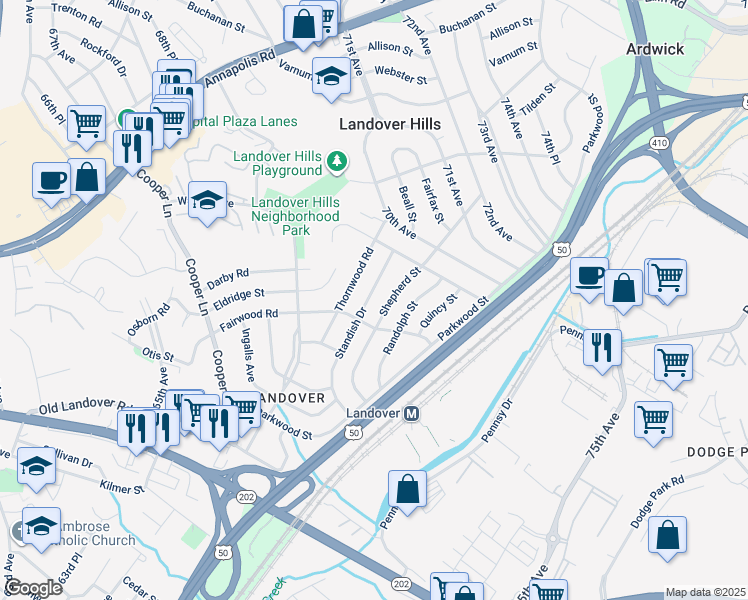 map of restaurants, bars, coffee shops, grocery stores, and more near 6909 Standish Drive in Hyattsville