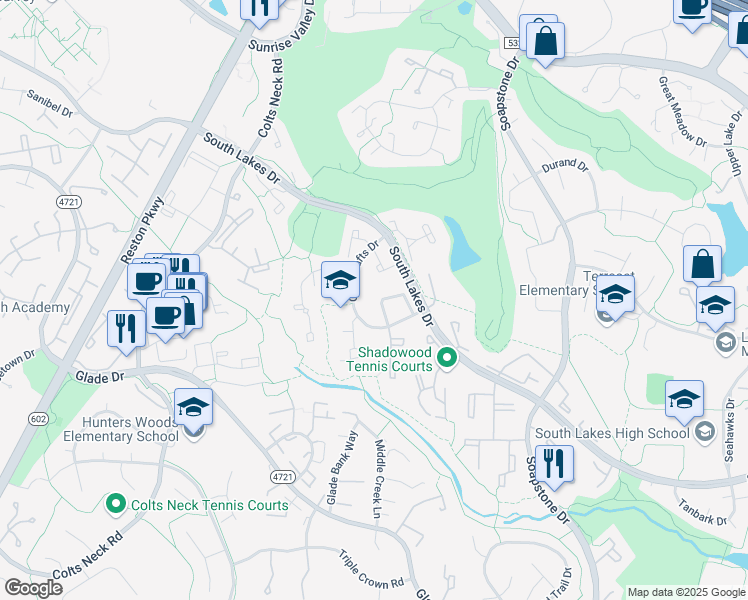 map of restaurants, bars, coffee shops, grocery stores, and more near 2226 Coppersmith Square in Reston