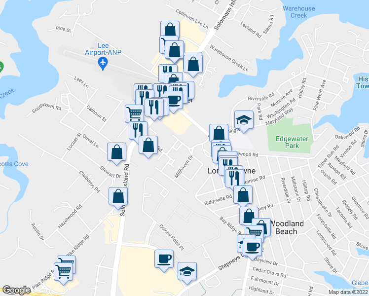 map of restaurants, bars, coffee shops, grocery stores, and more near 79 Two Rivers Drive in Edgewater
