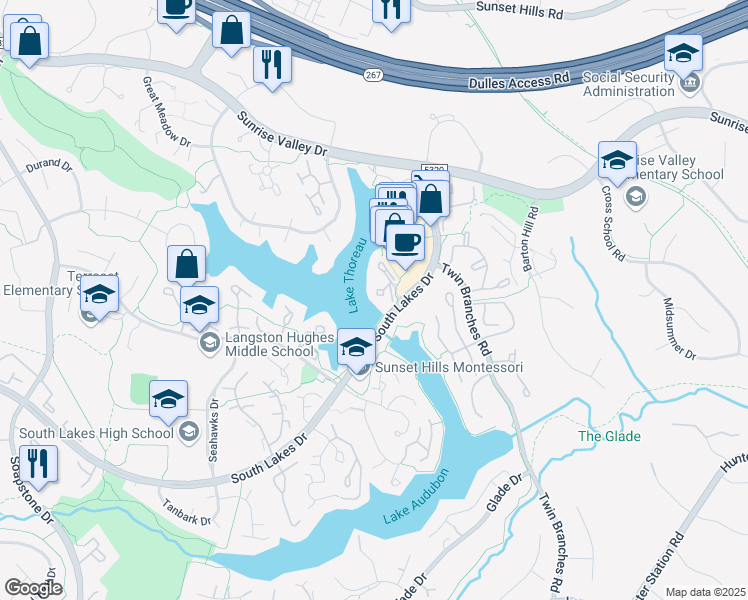 map of restaurants, bars, coffee shops, grocery stores, and more near 11104 Harbor Court in Reston