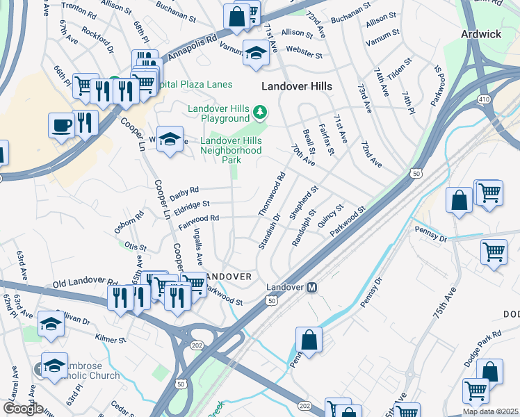 map of restaurants, bars, coffee shops, grocery stores, and more near 3802 Thornwood Road in Hyattsville