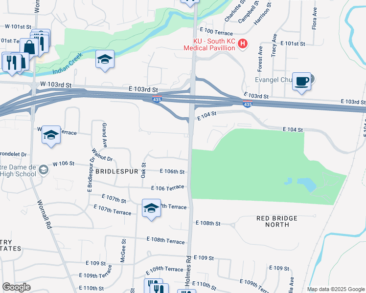 map of restaurants, bars, coffee shops, grocery stores, and more near 10512 Kenwood Avenue in Kansas City