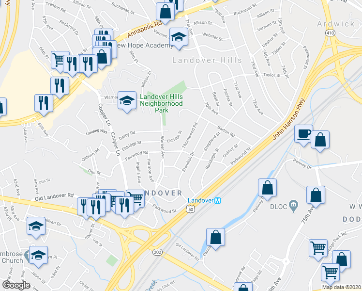 map of restaurants, bars, coffee shops, grocery stores, and more near 3802 Thornwood Road in Hyattsville