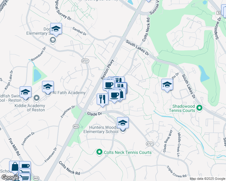map of restaurants, bars, coffee shops, grocery stores, and more near 2270 Hunters Woods Plaza in Reston