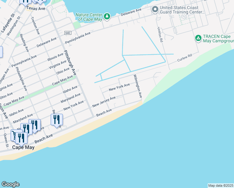 map of restaurants, bars, coffee shops, grocery stores, and more near 1523 New Jersey Avenue in Cape May