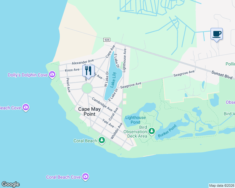 map of restaurants, bars, coffee shops, grocery stores, and more near 510 Coral Avenue in Cape May Point