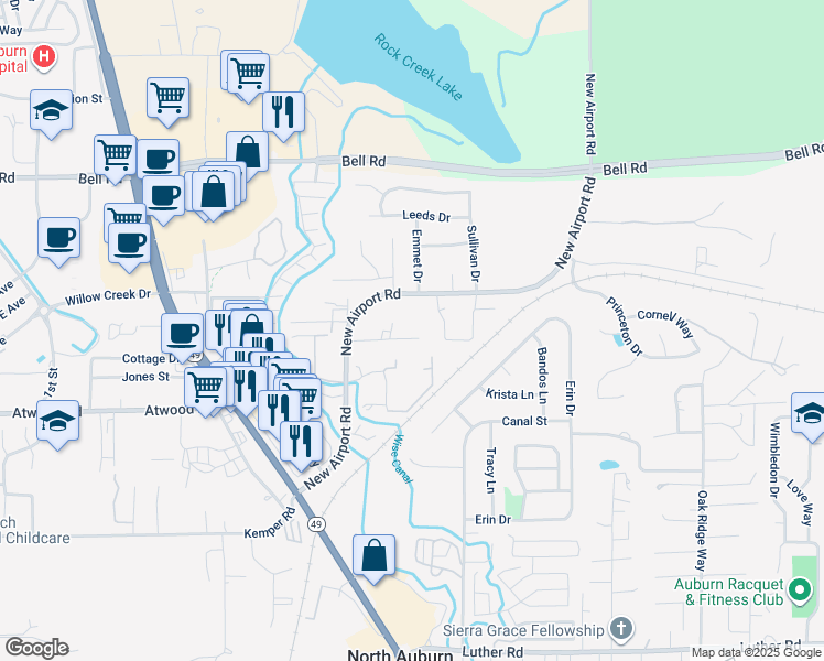 map of restaurants, bars, coffee shops, grocery stores, and more near 12480 Ladd Lane in Auburn