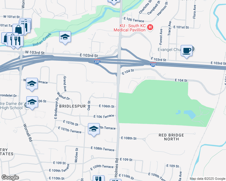 map of restaurants, bars, coffee shops, grocery stores, and more near 10512 Kenwood Avenue in Kansas City