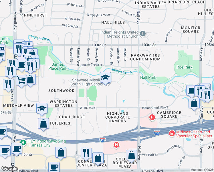 map of restaurants, bars, coffee shops, grocery stores, and more near 5800 W 107th St in Overland Park