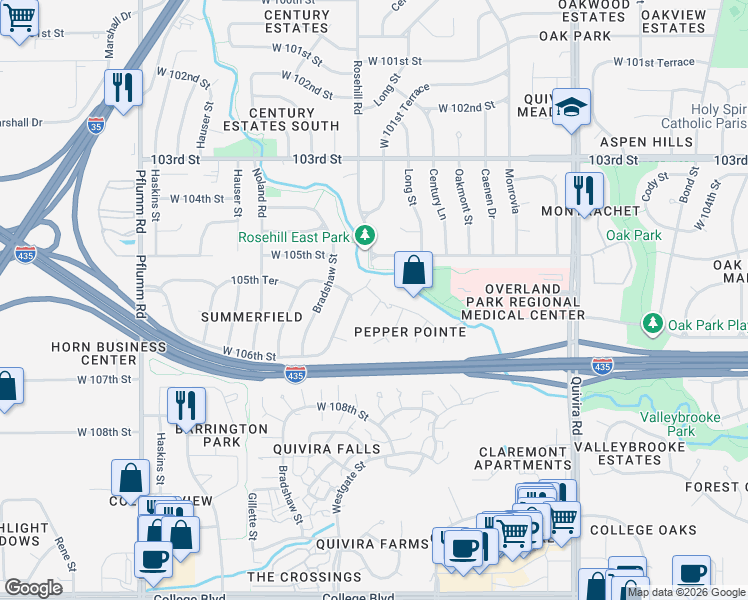 map of restaurants, bars, coffee shops, grocery stores, and more near 10554 Westgate Street in Lenexa