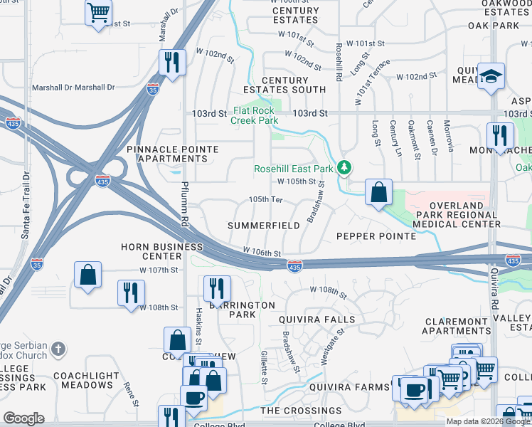 map of restaurants, bars, coffee shops, grocery stores, and more near 10571 Noland Road in Lenexa