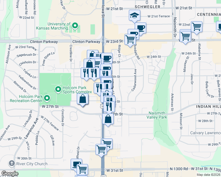 map of restaurants, bars, coffee shops, grocery stores, and more near 2531 Redbud Lane in Lawrence