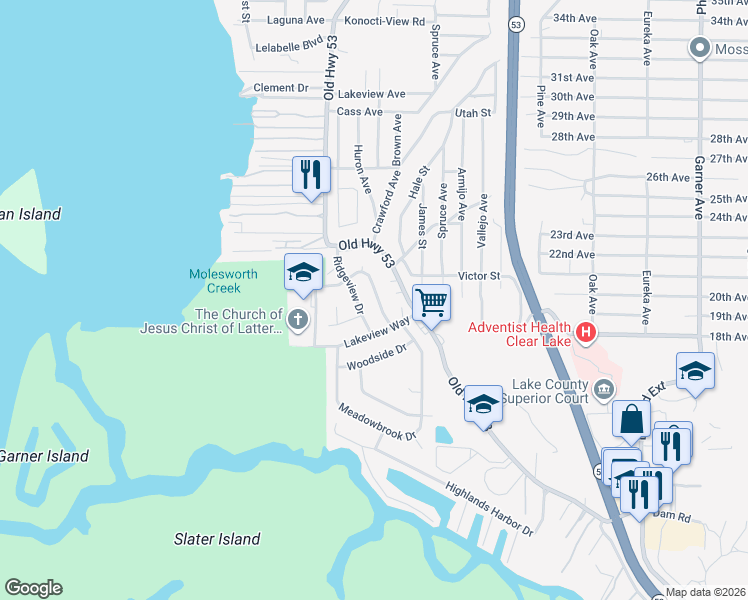 map of restaurants, bars, coffee shops, grocery stores, and more near 6283 Lakeside Drive in Clearlake