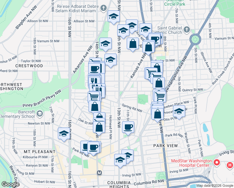 map of restaurants, bars, coffee shops, grocery stores, and more near 3718 13th Street Northwest in Washington