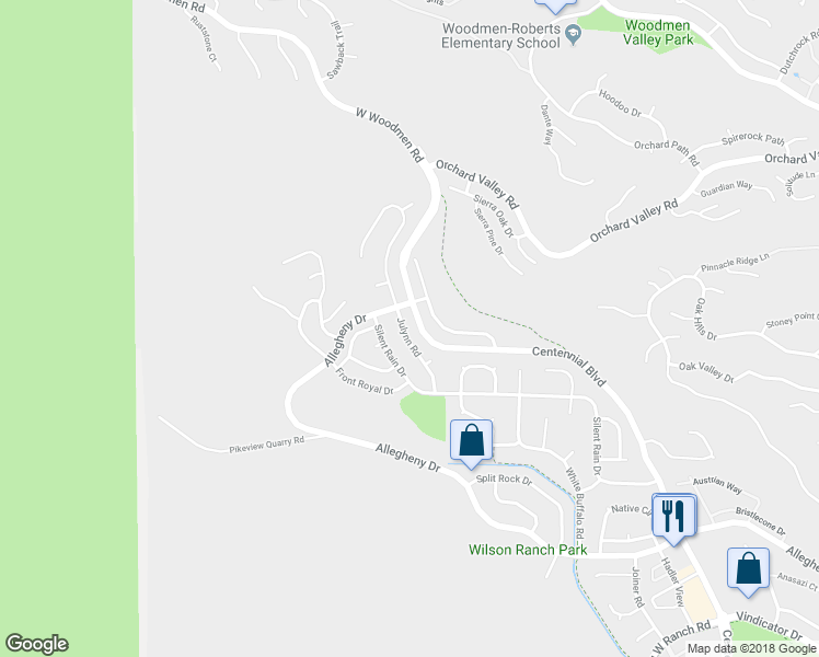 map of restaurants, bars, coffee shops, grocery stores, and more near 7345 Julynn Road in Colorado Springs