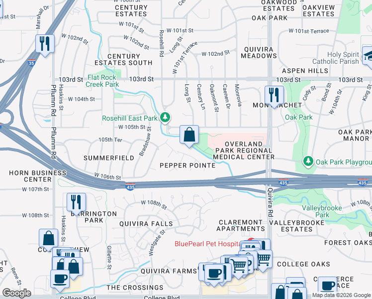 map of restaurants, bars, coffee shops, grocery stores, and more near 10552 Long Street in Lenexa