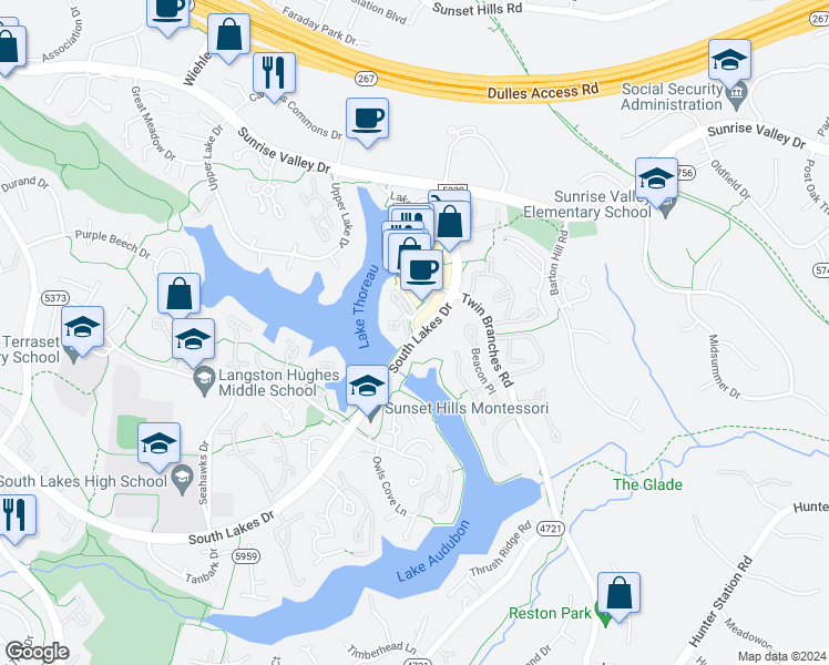 map of restaurants, bars, coffee shops, grocery stores, and more near 6137 Harbor Court in Reston