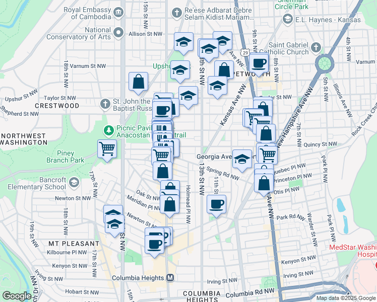map of restaurants, bars, coffee shops, grocery stores, and more near 1334 Quincy St NW in Washington