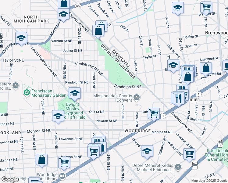 map of restaurants, bars, coffee shops, grocery stores, and more near 3900 25th Place Northeast in Washington