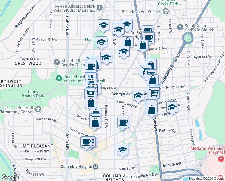 map of restaurants, bars, coffee shops, grocery stores, and more near 3718 13th Street Northwest in Washington