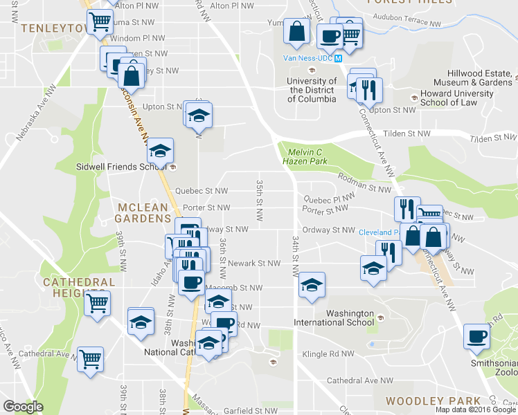 map of restaurants, bars, coffee shops, grocery stores, and more near Porter St NW & 35th St NW in Washington