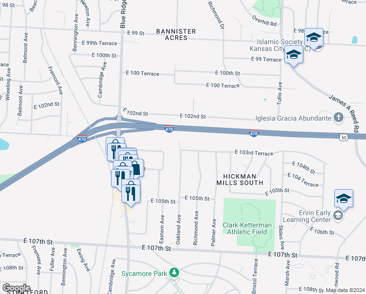map of restaurants, bars, coffee shops, grocery stores, and more near 7500 East 103rd Terrace in Kansas City