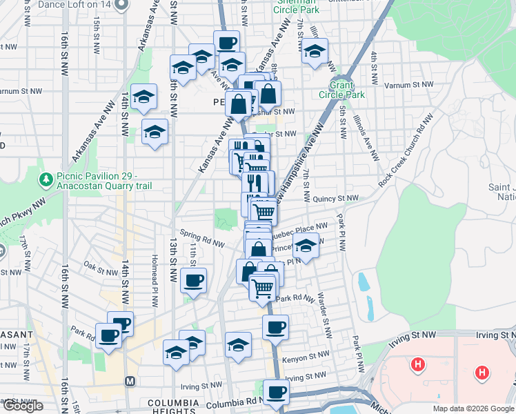 map of restaurants, bars, coffee shops, grocery stores, and more near 3734 Georgia Ave NW in Washington