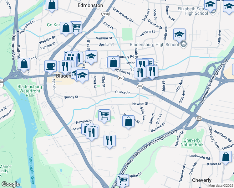 map of restaurants, bars, coffee shops, grocery stores, and more near 5369 Quincy Street in Bladensburg