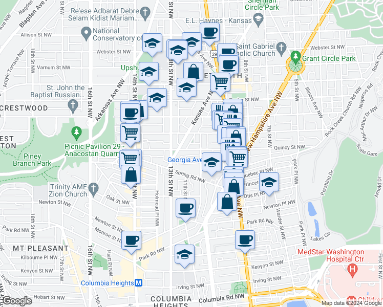 map of restaurants, bars, coffee shops, grocery stores, and more near 1218 Quincy Street Northwest in Washington