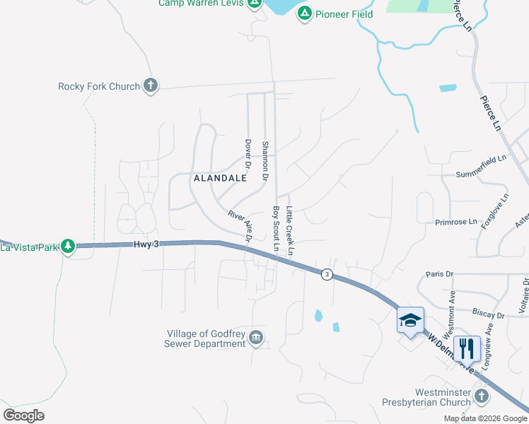 map of restaurants, bars, coffee shops, grocery stores, and more near 2001 River Aire Ct in Godfrey