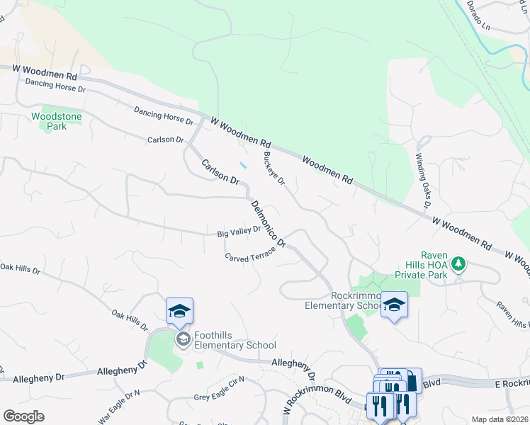 map of restaurants, bars, coffee shops, grocery stores, and more near 425 Delmonico Court in Colorado Springs