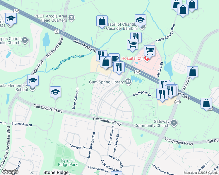 map of restaurants, bars, coffee shops, grocery stores, and more near 24662 Cable Mill Terrace in Aldie