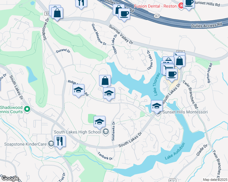 map of restaurants, bars, coffee shops, grocery stores, and more near 2027 Swans Neck Way in Reston