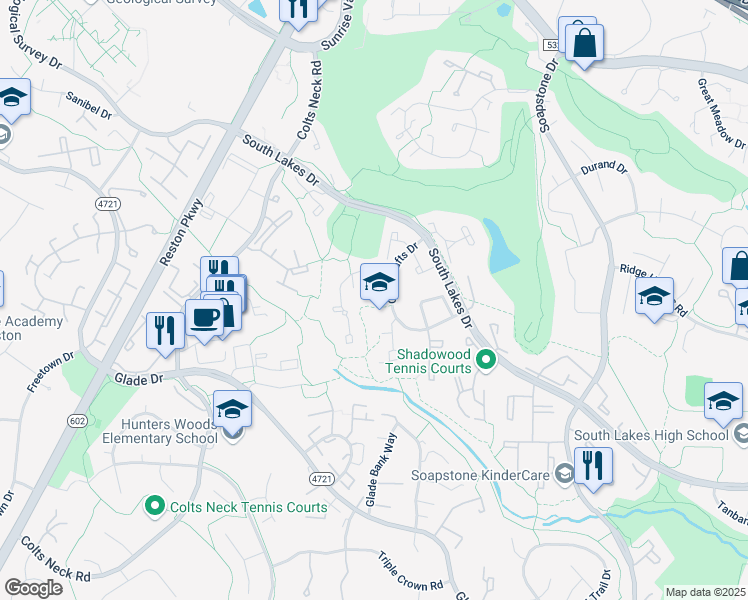 map of restaurants, bars, coffee shops, grocery stores, and more near 11839 Coopers Court in Reston