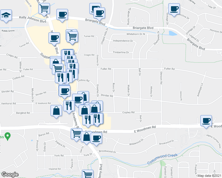 map of restaurants, bars, coffee shops, grocery stores, and more near 7294 Ross Drive in Colorado Springs