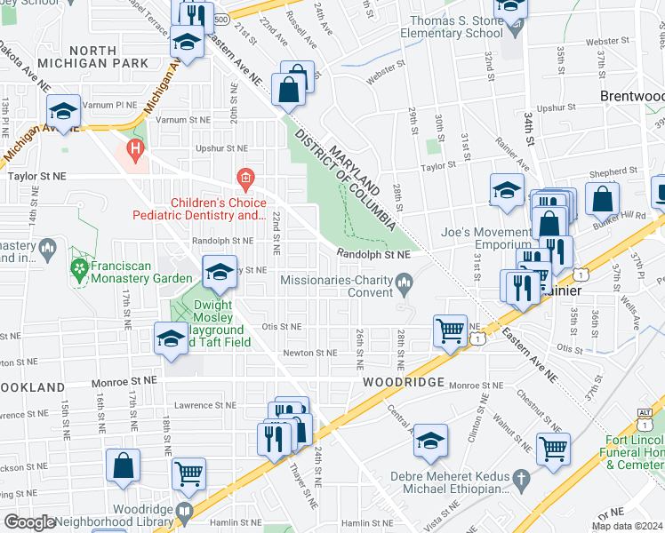 map of restaurants, bars, coffee shops, grocery stores, and more near 3900 25th Place Northeast in Washington