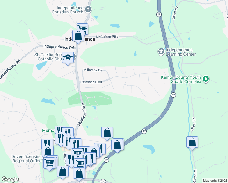 map of restaurants, bars, coffee shops, grocery stores, and more near 5366 Millcreek Circle in Independence