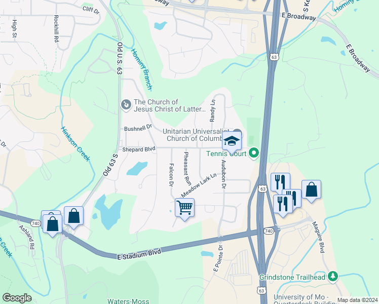 map of restaurants, bars, coffee shops, grocery stores, and more near 1000 Pheasant Run in Columbia