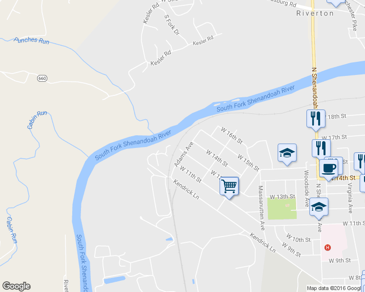 map of restaurants, bars, coffee shops, grocery stores, and more near 909 West 13th Street in Front Royal