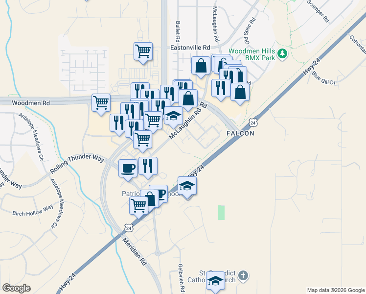 map of restaurants, bars, coffee shops, grocery stores, and more near 11917 Corbu Heights in Peyton