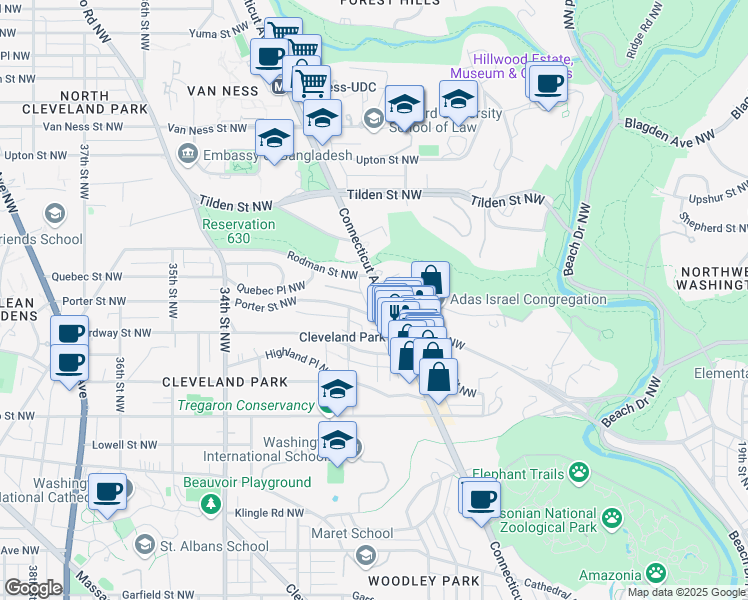 map of restaurants, bars, coffee shops, grocery stores, and more near 3616 Connecticut Avenue Northwest in Washington